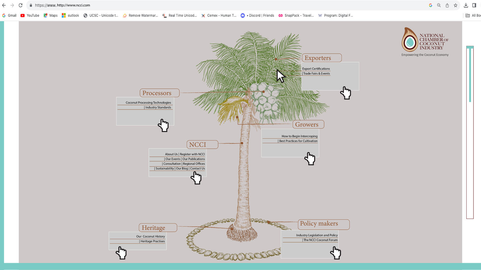 National Chamber of Coconut Industry - Visual Identity and Launch Campaign Pitch - Website UI Concept and Illustration (colourisation on hover)